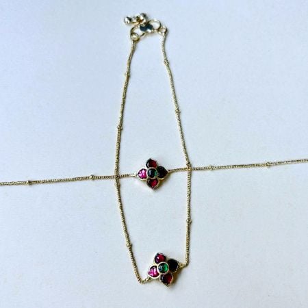 Handmade Brass Metal Jewellery Ruby Floral Anklet Pair